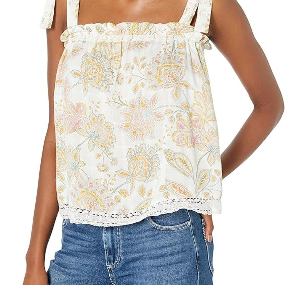 Lucky Brand Easy Tie Shoulder Tank Top in Ivory with Floral Print & Lace Trim